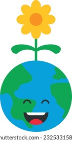 Cartoon vector illustration of planet Earth with a sunflower plant. Growth and care of the environment and plants.