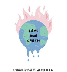 Cartoon Vector Illustration of Planet Earth in Flame Suffering from Global Warming. Perfect for Posters, Social Media, and Eco Campaigns. Climate Change Concept Design.