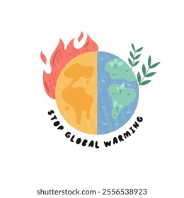 Cartoon Vector Illustration of Planet Earth Suffering from Global Warming. Perfect for Posters, Social Media, and Eco Campaigns. Climate Change Concept Design.