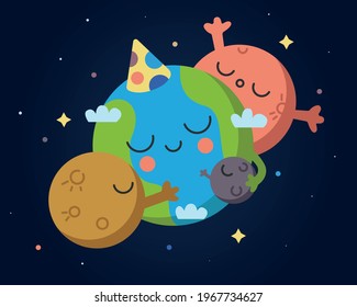 Cartoon vector illustration. The planets hug the Earth. 