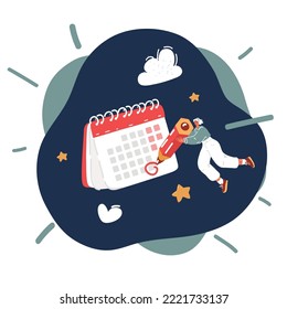 Ilustración vectorial de dibujos animados de Planner y Calendario para 2021. Plan de trabajo en línea en casa. La mujer marca en el calendario sobre fondo negro