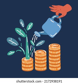 Cartoon vector illustration of Plant Growing In Savings Coins - Investment. With stack money coin over dark backround