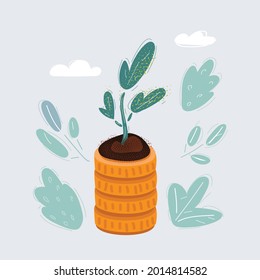 Cartoon vector illustration of Plant on stark of coins on dark backround.