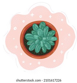 Cartoon vector illustration of plant in pot. Top view