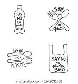 Cartoon vector illustration with plastic bottles, bag, fork and spoon. Say no to plastic lettering motivating phrase in doodle style.