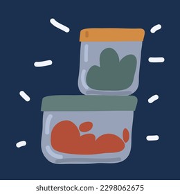 Cartoon vector illustration of plastic food containers over dark background