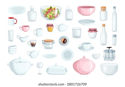 Cartoon vector illustration of plates, cups, teapots, bowls, spice containers, and a fresh salad bowl. Large collection of porcelain dinnerware.
