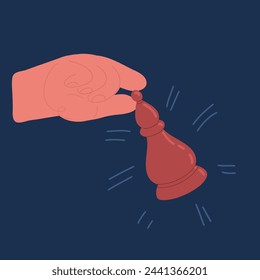 Cartoon vector illustration player hand holds chess knight. Human hand holding chess knight piece for unpredictable, business strategy, strategic move concept over dark backround