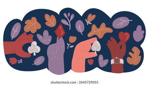 Ilustração de vetor de desenhos animados de cartas de jogar ternos na mão. Mão com ás jogando cartas fã. Vintage gravura estilizado desenho sobre fundo escuro