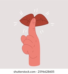 Cartoon vector illustration of Please do quite pssst. Woman lips with finger showing silence sign. Do not disturb