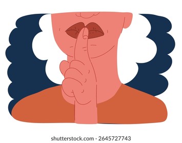 Ilustração do vetor de desenhos animados de Please do quite pssst. Mulher com os lábios mostrando sinal de silêncio. Não incomodar pode ser usado para símbolo infográfico de biblioteca sobre fundo escuro