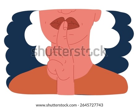Cartoon vector illustration of Please do quite pssst. Woman lips with finger showing silence sign. Do not disturb can be used for library infographic symbol over dark background