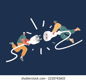 Cartoon vector illustration of Plug and socket. Man and woman try to connect plug and play device while flying over dark backround