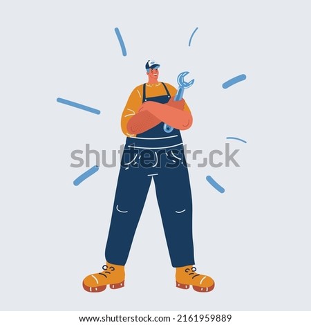 Cartoon vector illustration of plumber holding a big wrench.