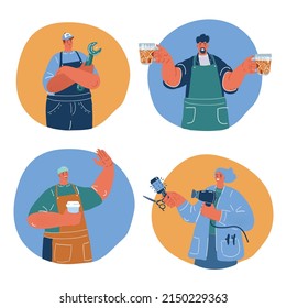 Cartoon, Vektorgrafik von Plumber, Pub-Bartender, Barista, Friseur