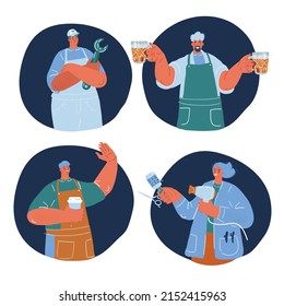 Cartoon vector illustration of Plumber, pub bartender, barista, hairdresser