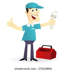 A cartoon vector illustration of a plumber smiling and standing doing a thumb up while holding a wrench.