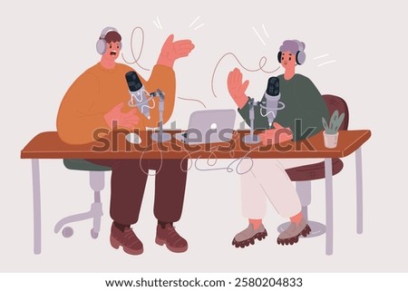 Cartoon vector illustration of Podcast concept .Two people in headphones talking in studio with microphones.