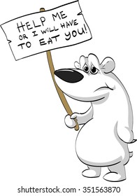 Cartoon vector illustration of a polar bear holding a help sign because of the global warming.