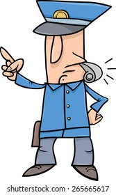 Cartoon Vector Illustration of Policeman Blowing the Whistle