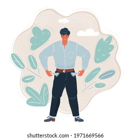 Cartoon vector illustration of Poor man turns his pockets. Without money and work. Economic crisis concept.