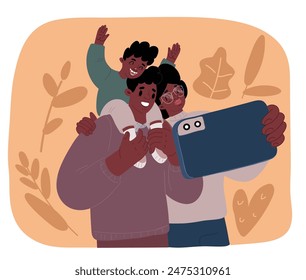 Cartoon vector illustration of Portrait of afro american family with kid. Father with boy son child on hands, Mother take photo with phone