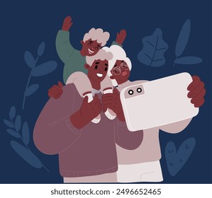 Cartoon vector illustration of Portrait of afro american family Portrait of afro american family with kid. Father with boy son child on hands, Mother take photo with phone over dark backround