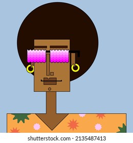 Cartoon vector illustration. Portrait of a Black person with Afro hairstyle in Pink glasses with waves on a pastel blue background. Flat vector character.