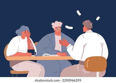 Cartoon vector illustration of Portrait of couple people, consultation of having discussion conclusion of a contract in office over dark background