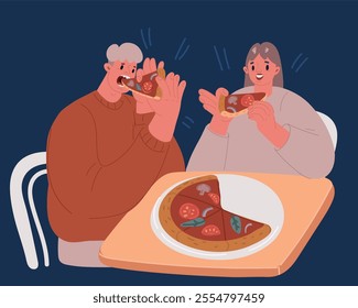 Cartoon vector illustration of Portrait of couple man and woman eating pizza over dark backound