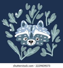 Cartoon, Vektorgrafik eines Porträts eines süßen, lustigen Raccoons auf dunklem Hintergrund