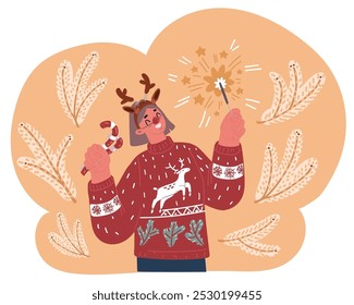 Ilustración vectorial de dibujos animados del retrato de una muchacha feliz emocionada que lleva el traje del ciervo de la Navidad que celebra la Navidad