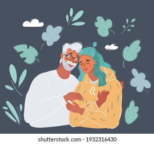 Cartoon vector illustration of Portrait Of Father And Adult Daughter talk and hug together. Character on dark background.