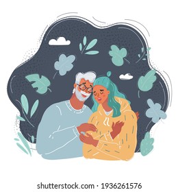 Cartoon vector illustration of portrait of father and daughter hug each other on dark background.