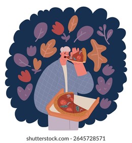 Cartoon vector illustration of Portrait of handome young man with enjoying eating delicious slice of pizza, with closed eyes from pleasure. Hungry male student eating tasty food over dark background