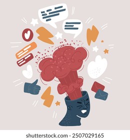 Cartoon vector illustration of Portrait of a head with an exploding mind