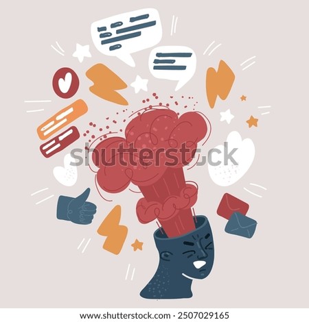 Cartoon vector illustration of Portrait of a head with an exploding mind