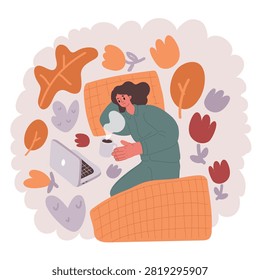 Cartoon vector illustration of Portrait of joyful young woman enjoying a cup of coffee at home. Smiling pretty girl drinking hot tea in winter. Stay in bed concept