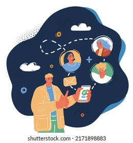 Ilustración vectorial de caricatura de retrato de hombre que envía mensajes usando el celular sobre fondo oscuro