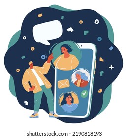 Cartoon vector illustration of Portrait man with big gaint smartphone cat wih hif friends or collegues over dark backround