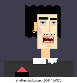 Cartoon vector illustration.  Portrait of a screaming man with fluttering hair and an earring in his ear. The grotesque cubic character of a vampire.