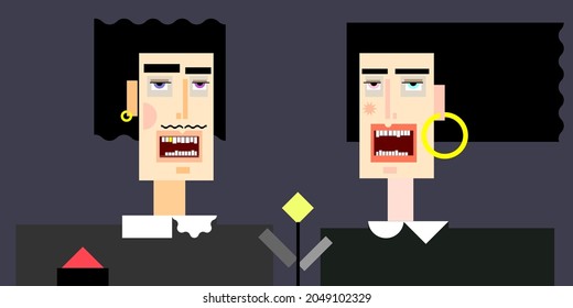 Cartoon vector illustration.  Portrait of a screaming man and woman with fluttering hair and earrings in their ears. Grotesque cubic character of the vampire. Halloween concept.