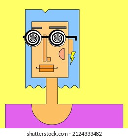 Cartoon vector illustration. Portrait of a smiling person with blue hair in Hypnotic glasses with a spiral on a pale yellow background. Flat vector character with the lightning earring.