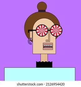 Cartoon vector illustration. Portrait of a smiling person with a bun hairstyle in Hypnotic glasses on a pale lilac background. Flat vector character.