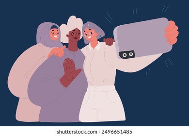 Cartoon vector illustration of Portrait of smiling people posing together. Happy women have fun make diverse gestures. Friendship and unity. Woman take photo over dark background