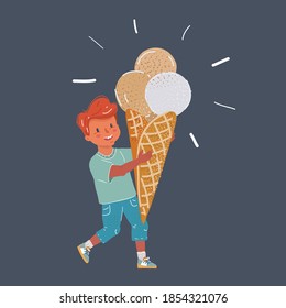 Cartoon, Vektorgrafik von Portrait, einem jungen Jungen, der ein Eis auf dunklem Hintergrund isst.