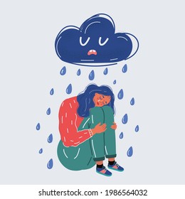 Dibujo vectorial de caricatura que ilustra el retrato de una joven triste bajo la lluvia. Nube deprimente sobre ella. Carácter humano sobre fondo blanco.