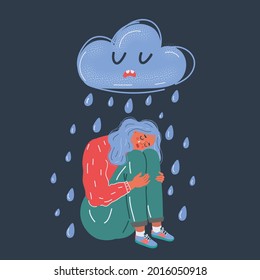 Dibujo vectorial de caricatura que ilustra el retrato de una joven sentada triste bajo la nube de lluvia durante la lluvia. Un concepto triste e infeliz sobre un fondo oscuro.