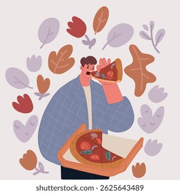 Cartoon vector illustration of Portrait of young man with enjoying eating delicious slice of pizza, Hungry male student eating tasty food.