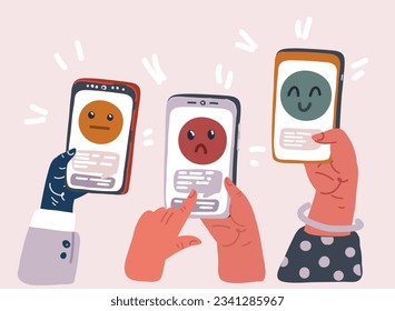 Cartoon vector illustration of Positive feedback to post in social media. Person enjoying, smiling emojis in internet. Sad, happy, indeferent